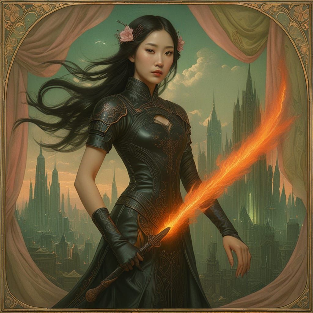 Ethereal Qipao Warrior in Cyberpunk Metropolis