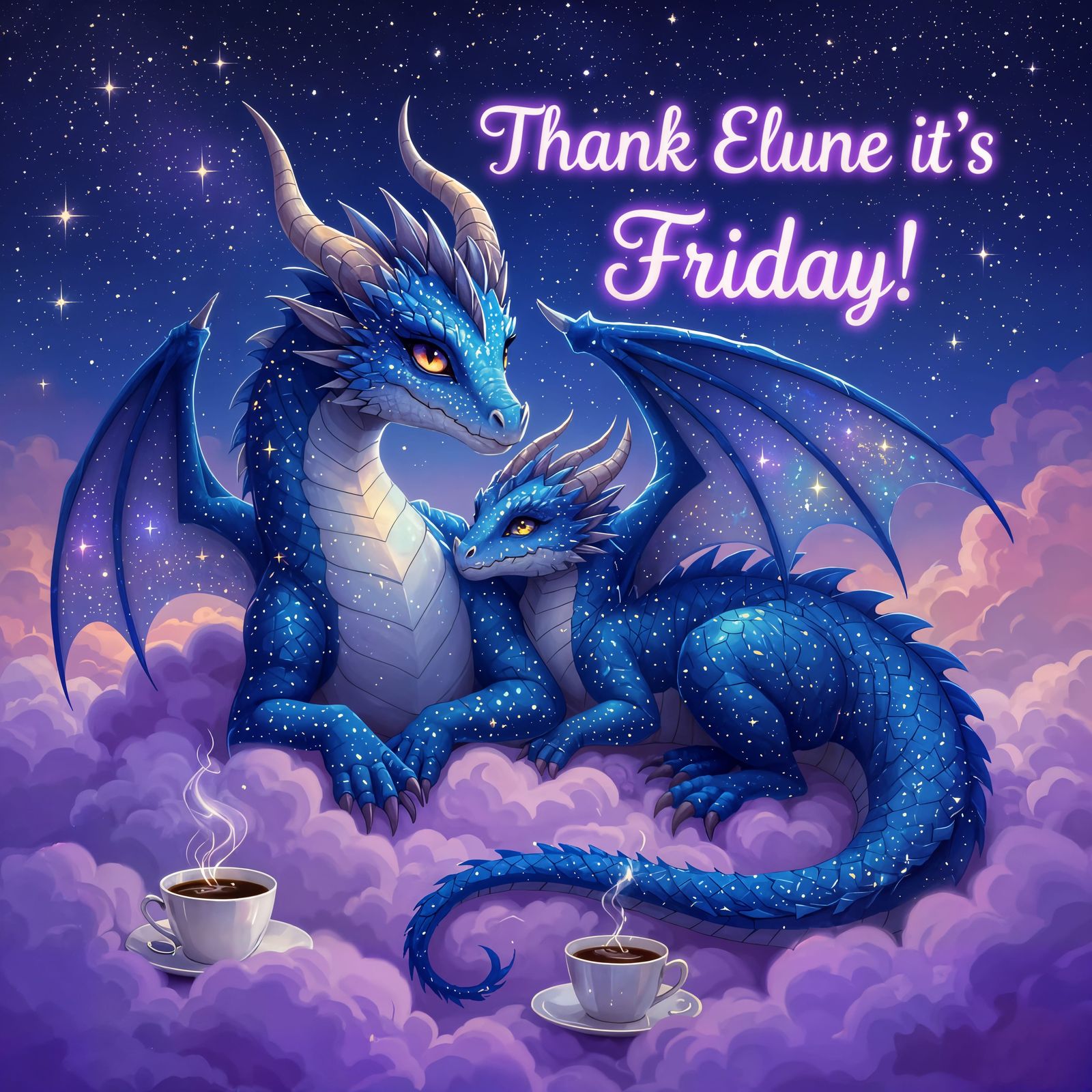 Cosmic Dragons Lounging on Lavender Clouds