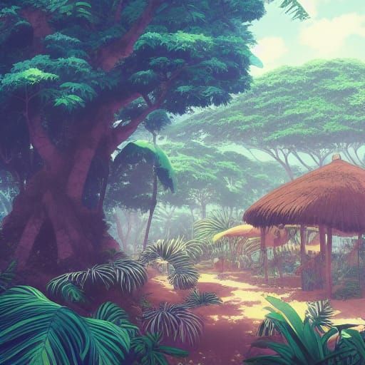 Tropical Jungle Beach Scene in Studio Ghibli Style
