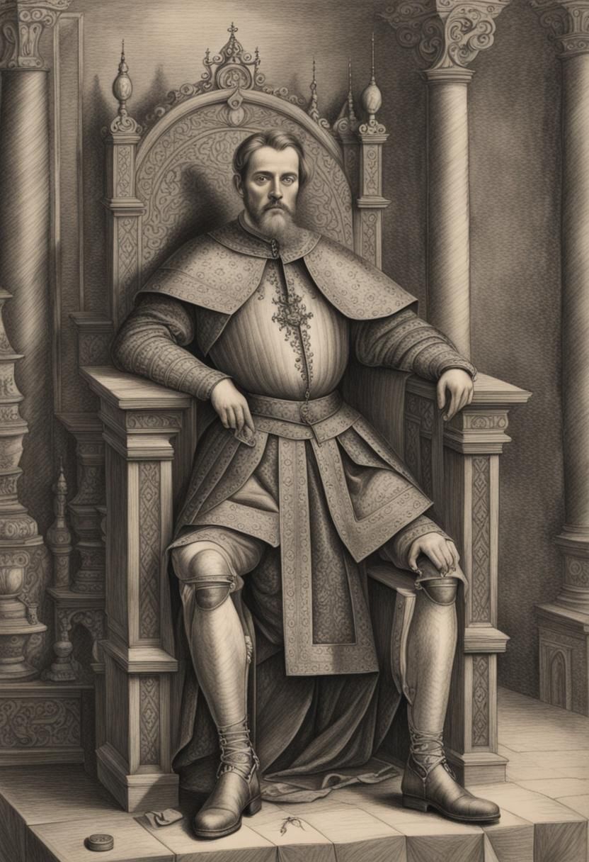 medieval Upper Silesian prince sitting on a throne hyperdetailed charcoal drawing