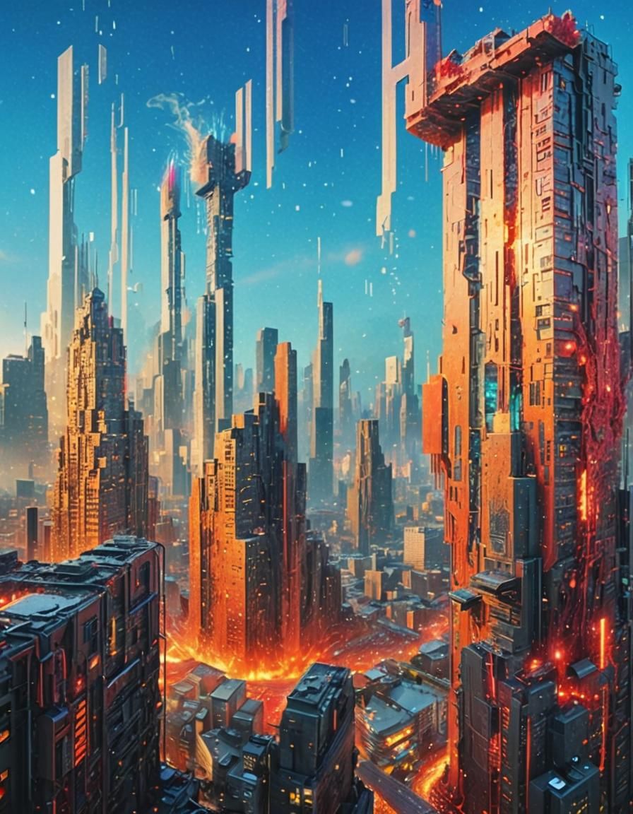 Dystopian Cityscape with Cosmic Energy, Digital Art