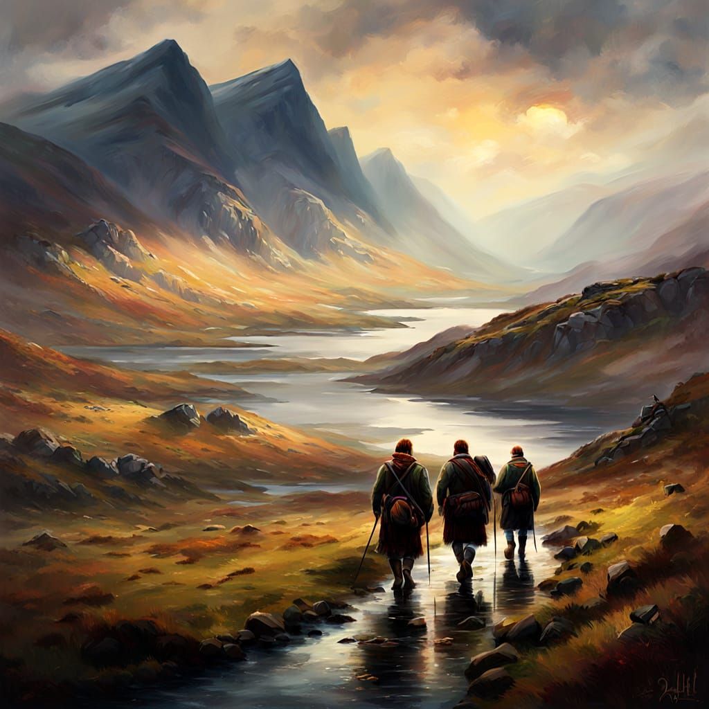 Highlanders Traverse Misty Scottish Highlands: Oil Painting