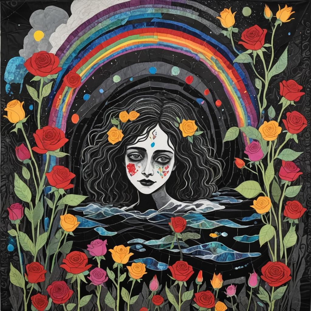 Surreal Crayon Drawing of Goth Woman Quilt Art