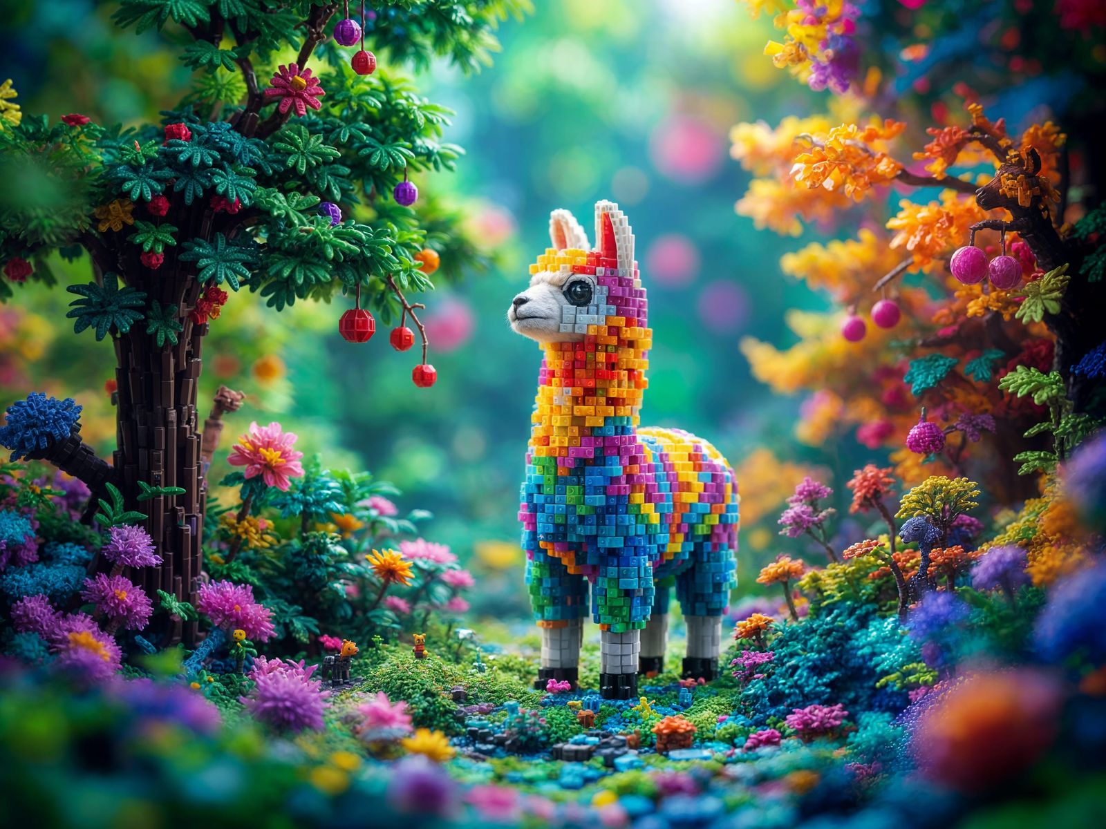 Vibrant Alpaca Sculpture in Voxel Art Style