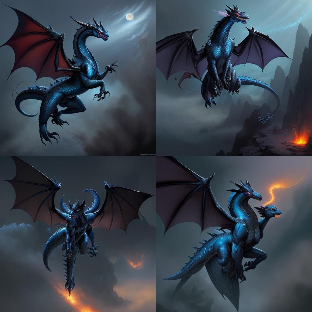 Nightwing Dragon Unleashes Fire in Ethereal Fantasy Art