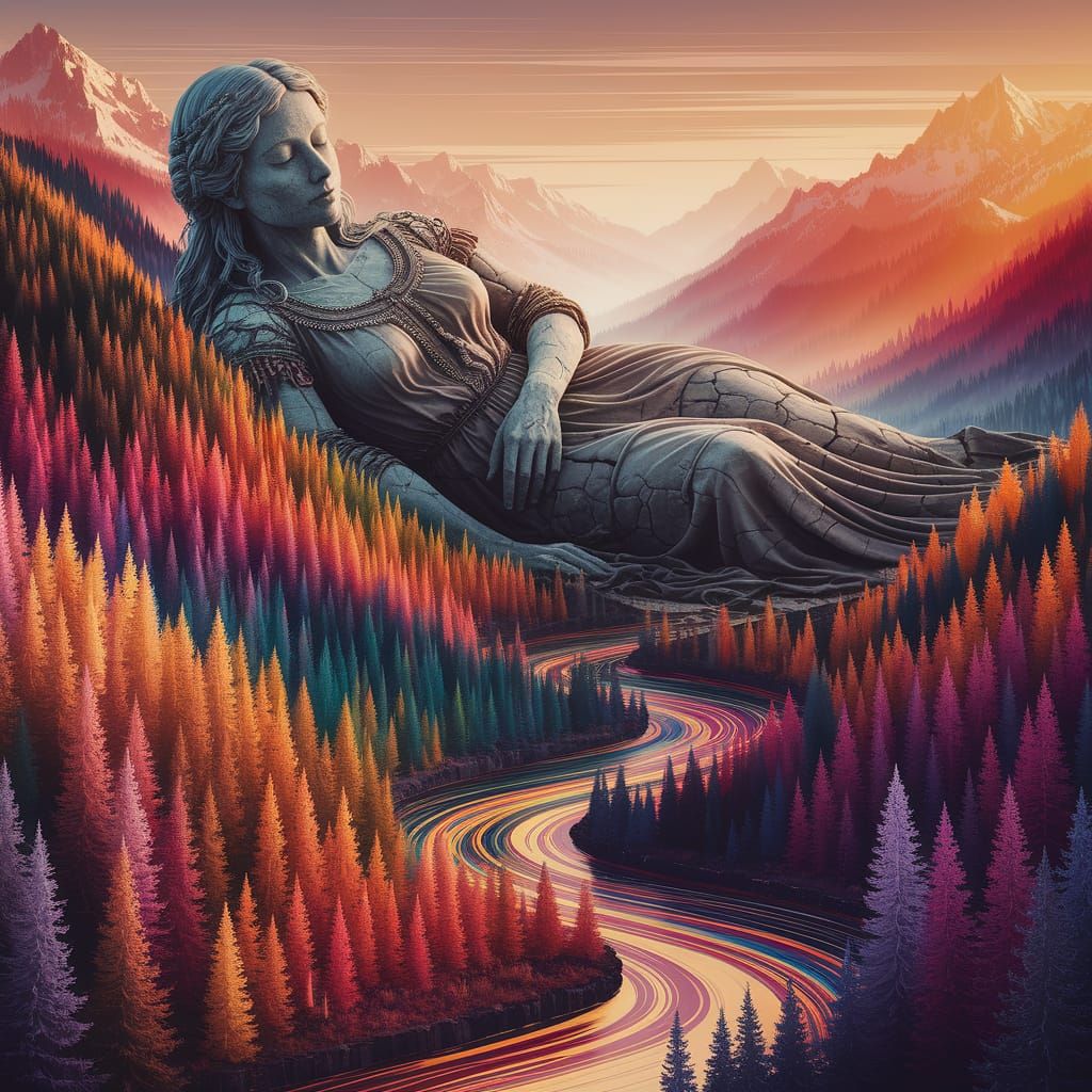 Petrified Giantess in Medieval Clothing Amidst Vibrant Mount...