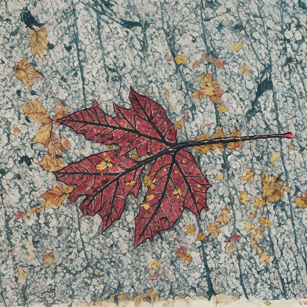 Autumn Leaf on Stone Sidewalk in Ukiyo-e Style