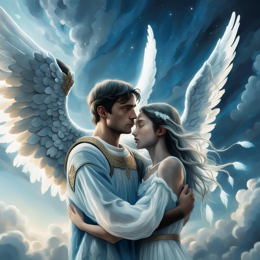 Ethereal Angel Embraces Woman in Moonlight