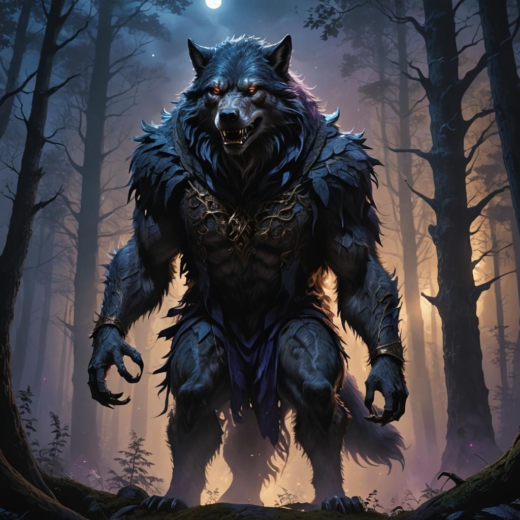 Werewolf in Misty Forest at Night: Digital Painting