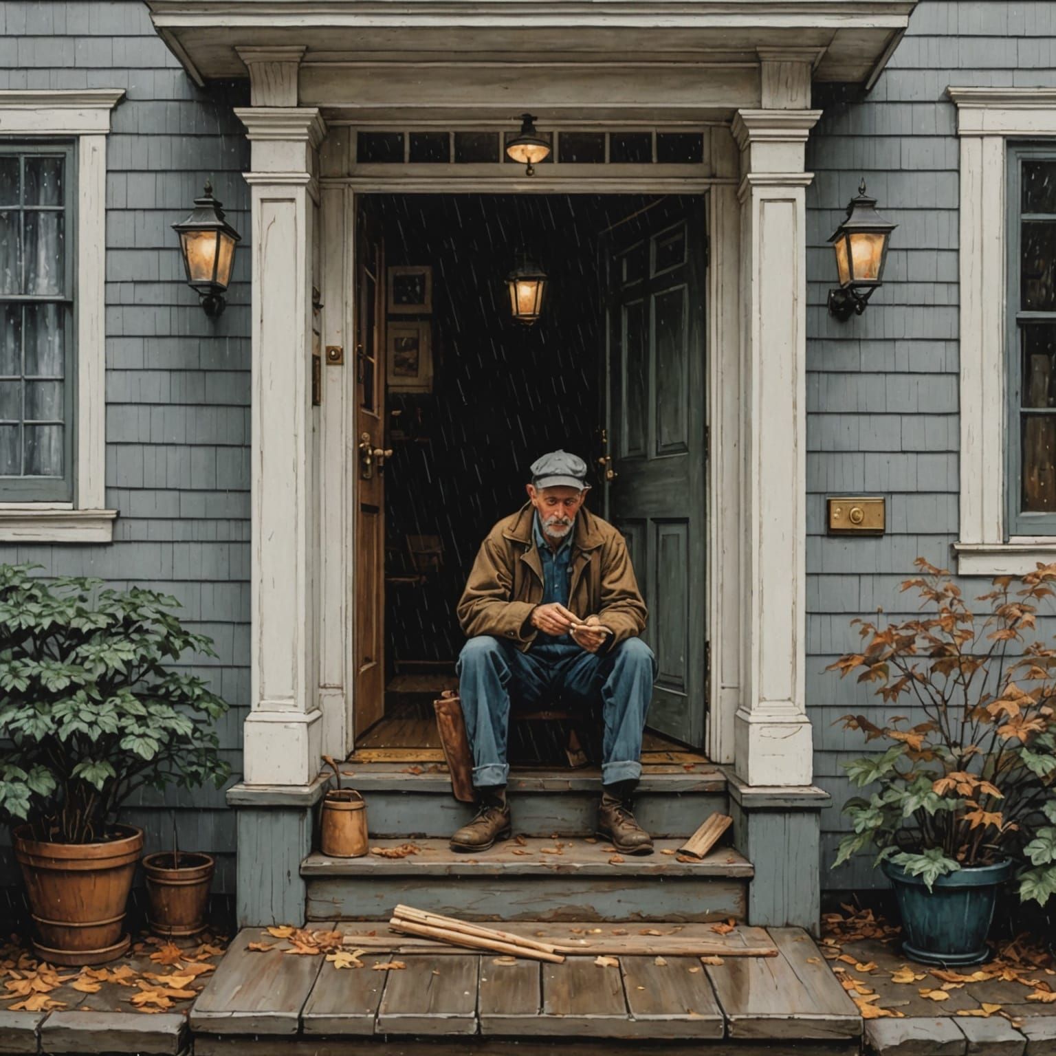 Man Whittling on Porch in Norman Rockwell Style