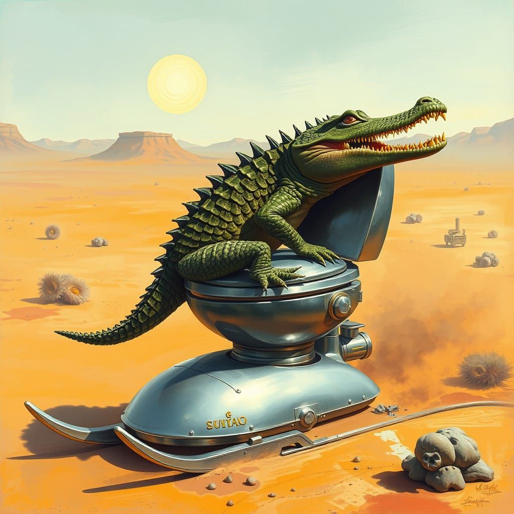Whimsical Crocodile on Retro-Futuristic Skibitoilet in Deser...