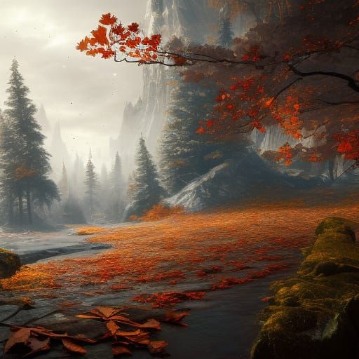 Autumn Leaves and Ice Cycles in Detailed Matte Painting