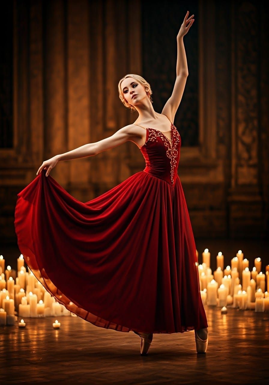 Elegant Ballerina Dances Amidst Candles in Cinematic Style