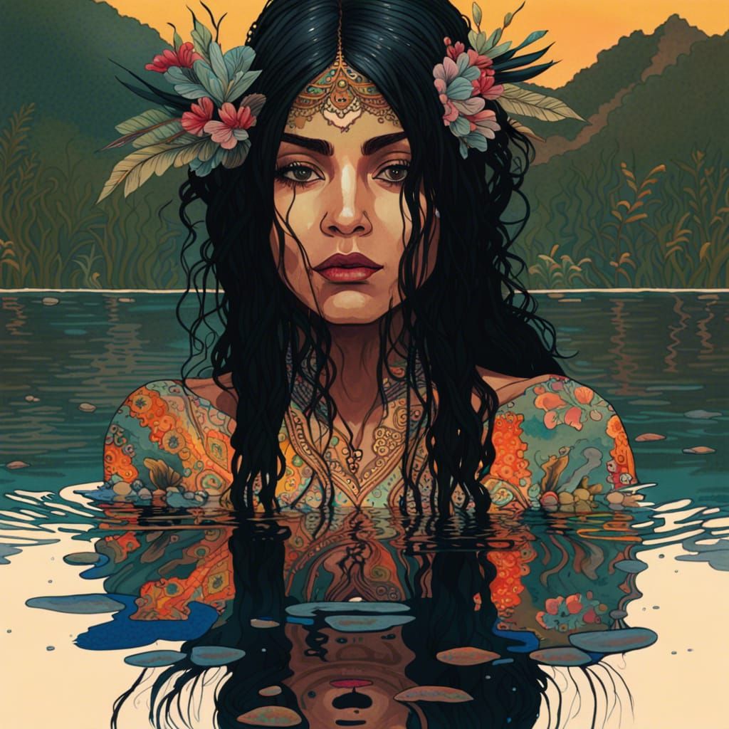 Incan Woman Bathes in Jungle Lake at Twilight