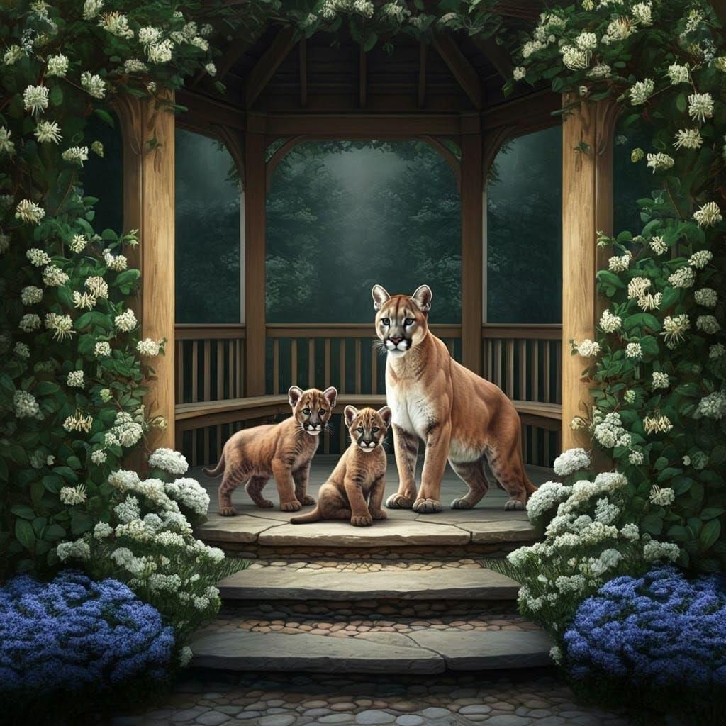Mountain Lion Family Visits a Backyard Gazebo