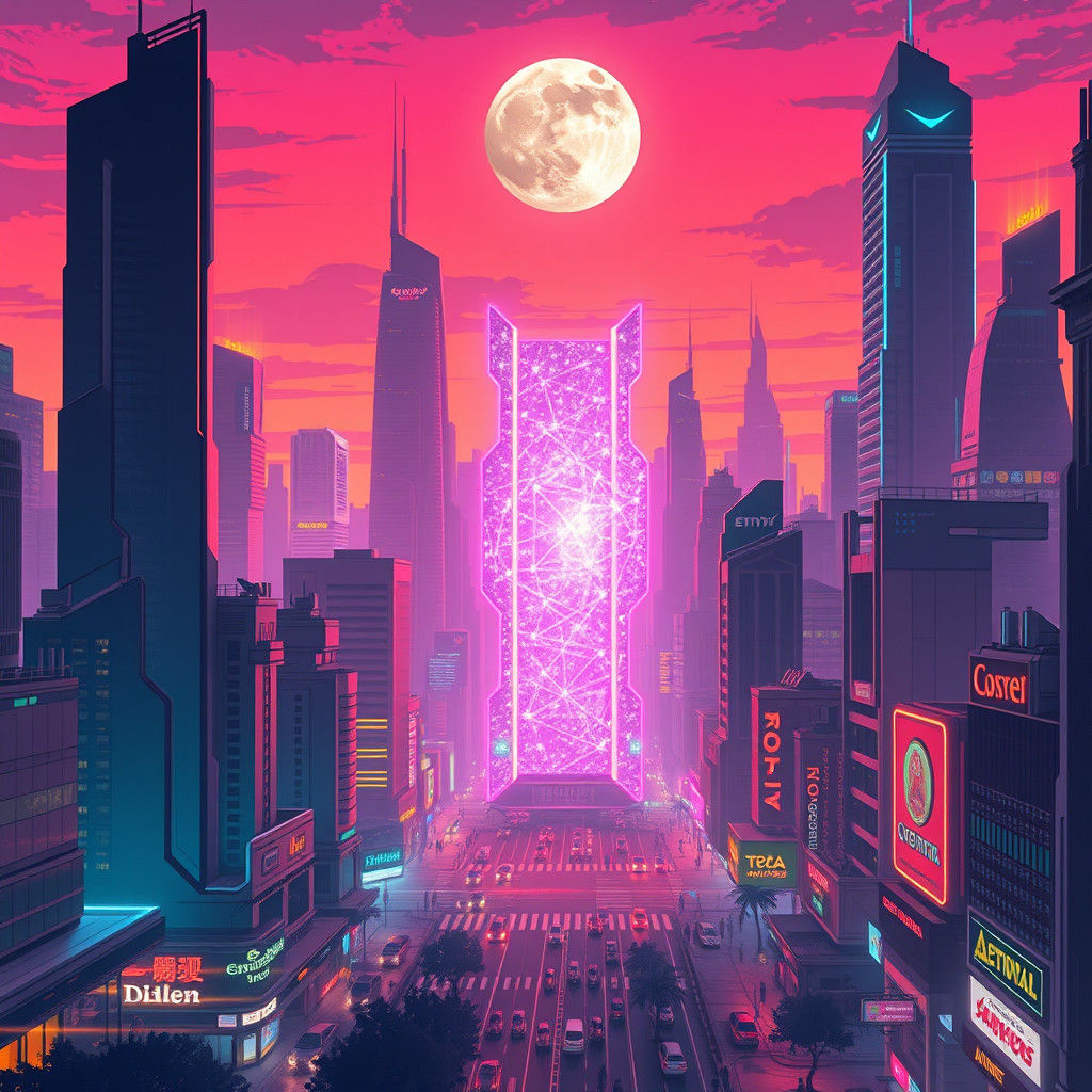 Futuristic Cityscape with Iridescent Portal in Synthwave Sty...