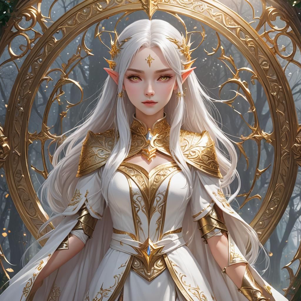 Magical Elf Girl with White Hair and Gold Clothes