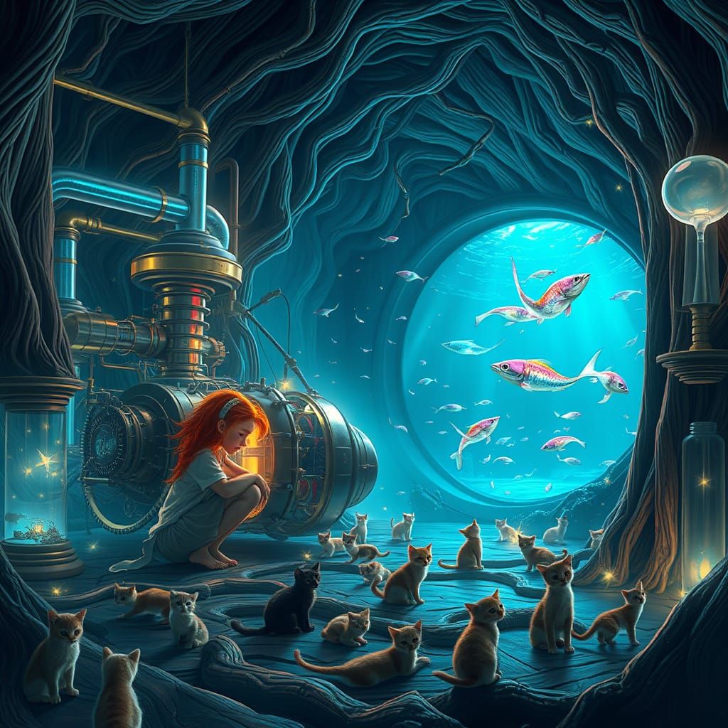 Whimsical Steampunk Laboratory with Magical Creatures