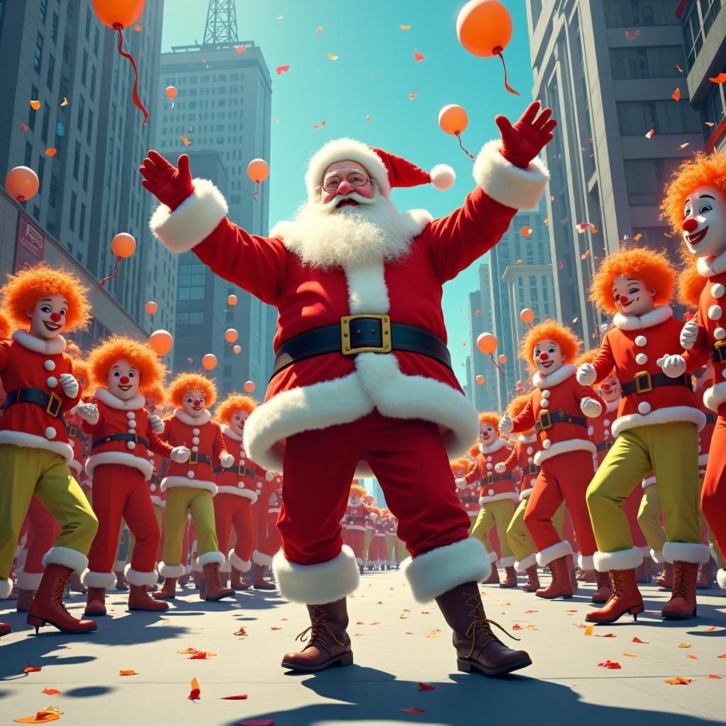 Santa Claus Dancing with Clowns in City