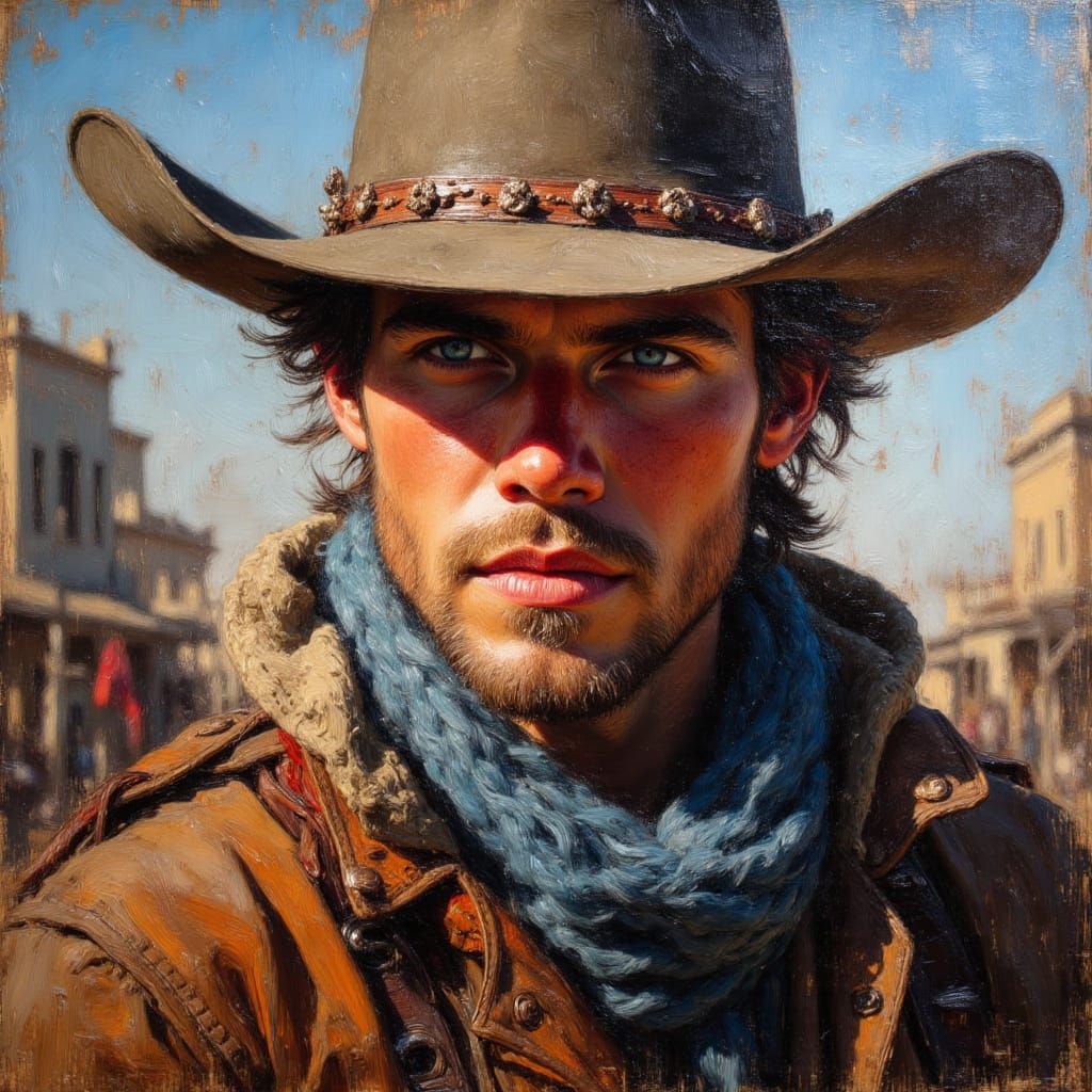 Cowboy Portrait in Impasto Oil Painting Style