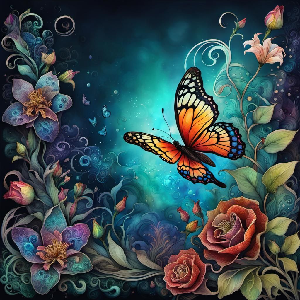 Stunning Butterfly with Flowers in Detailed Matte Painting