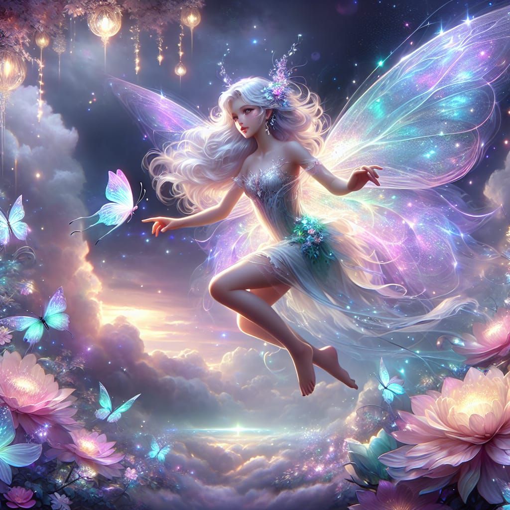 Ethereal Fairy with Iridescent Wings in Dreamy Scene
