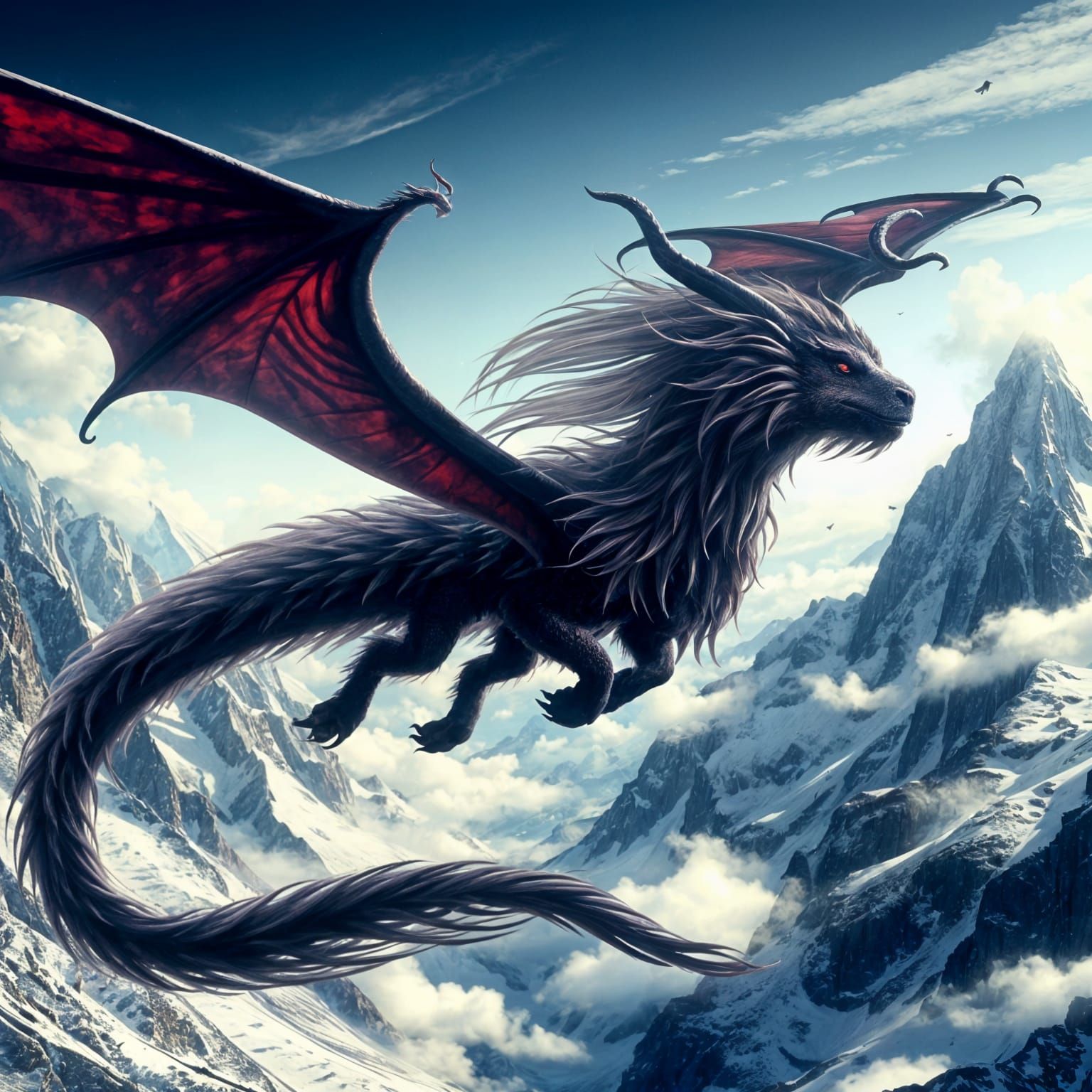 Serene Dark Red Dragon in Majestic Mountain Landscape