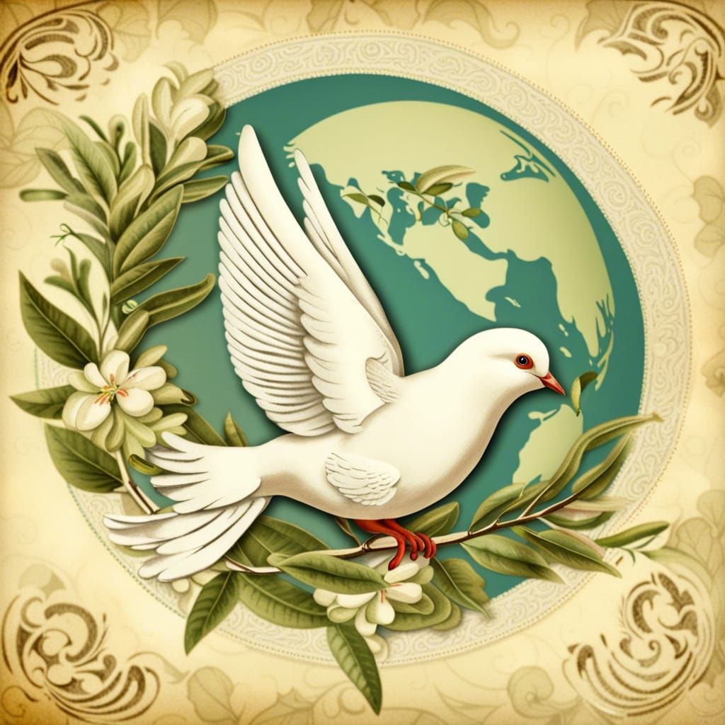 Peace Dove with Olive Branch in Decoupage Style