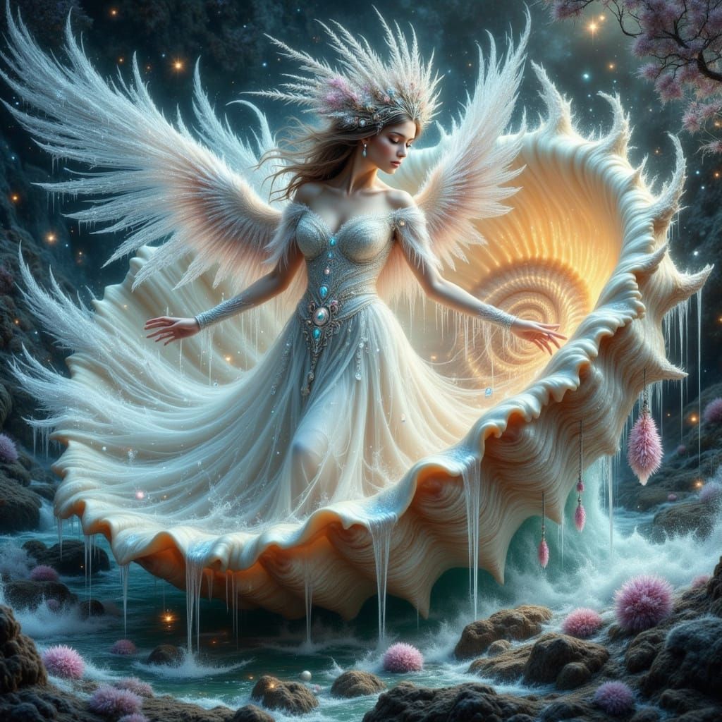 Ice Angel Emerges from Seashell: Ethereal Digital Art