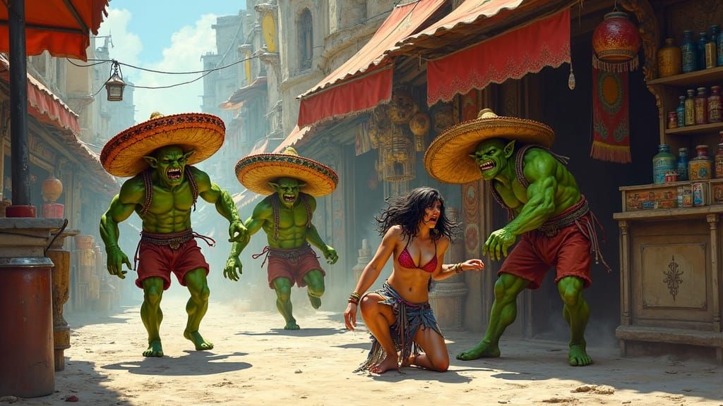 Vibrant Green Orcs in Colorful Sombreros Charge a Kneeling W...