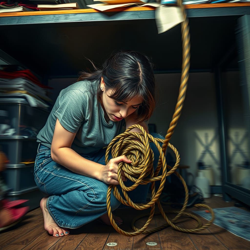 Woman Battles Tangled Charging Cable Under Desk