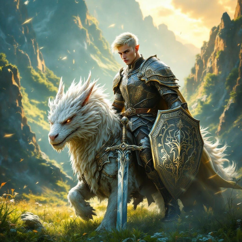 Androgynous Hero Rides Majestic Fenrir into Ethereal Landsca...