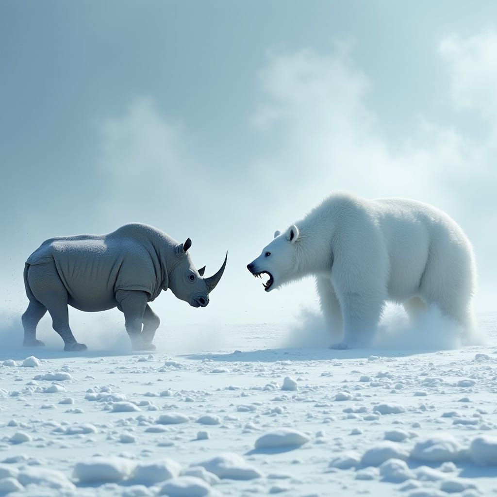 Epic Snowbound Encounter: Rhinoceros and Polar Bear Unite