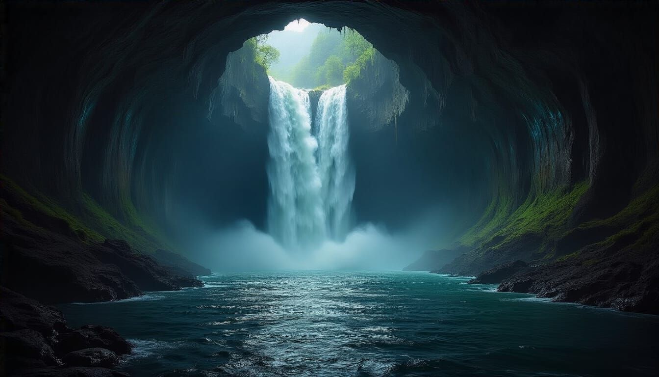 Waterfall emptying into cavern