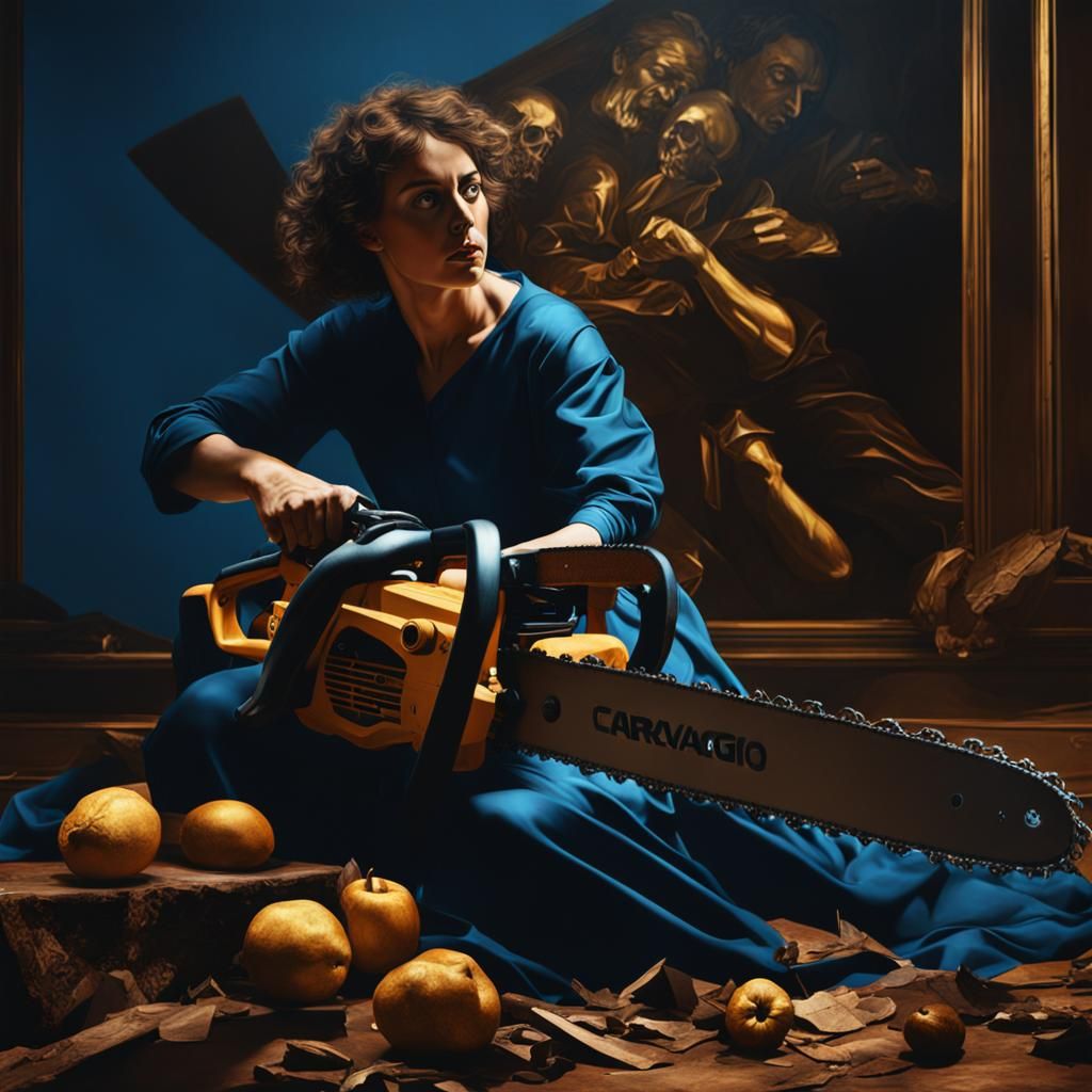 Woman with Chainsaw in Caravaggio Style