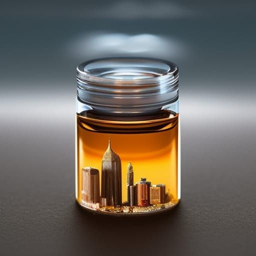 Miniature City Inside Glass Bottle, Photorealistic Art