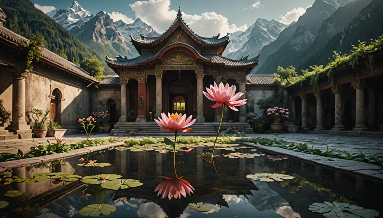 Ethereal Flower Floats in Temple Courtyard