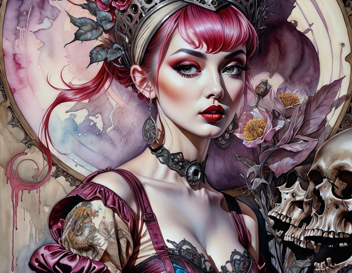 Hypermaximalist trompe l’oeil surreal watercolor pen and alc...
