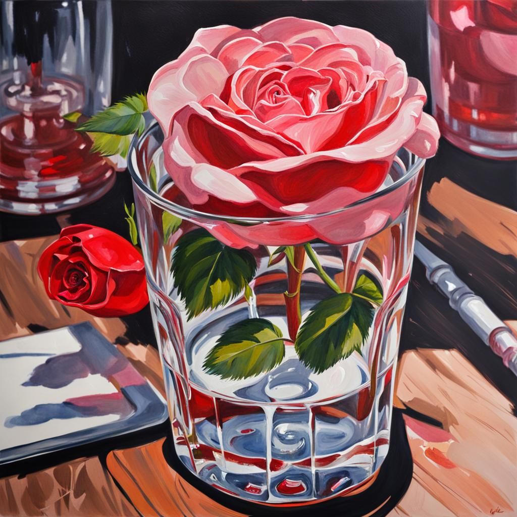 Rose in Glass: Detailed Gouache Painting