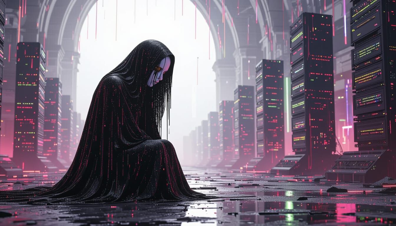Static Widow in Server Cathedral, Cyberpunk Surrealism