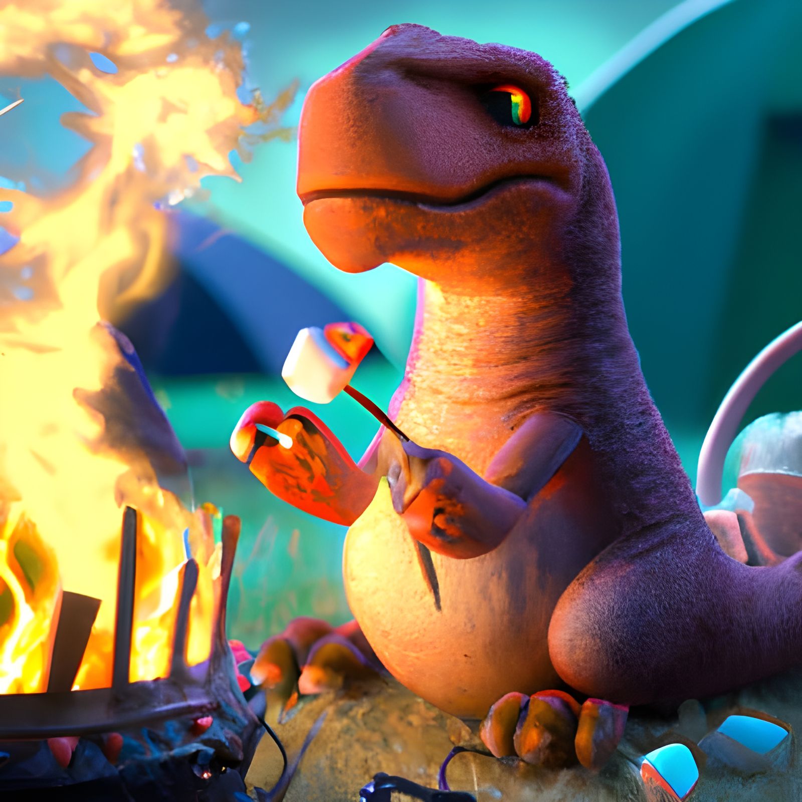 Adorable Dinosaur Roasting Marshmallows by Campfire