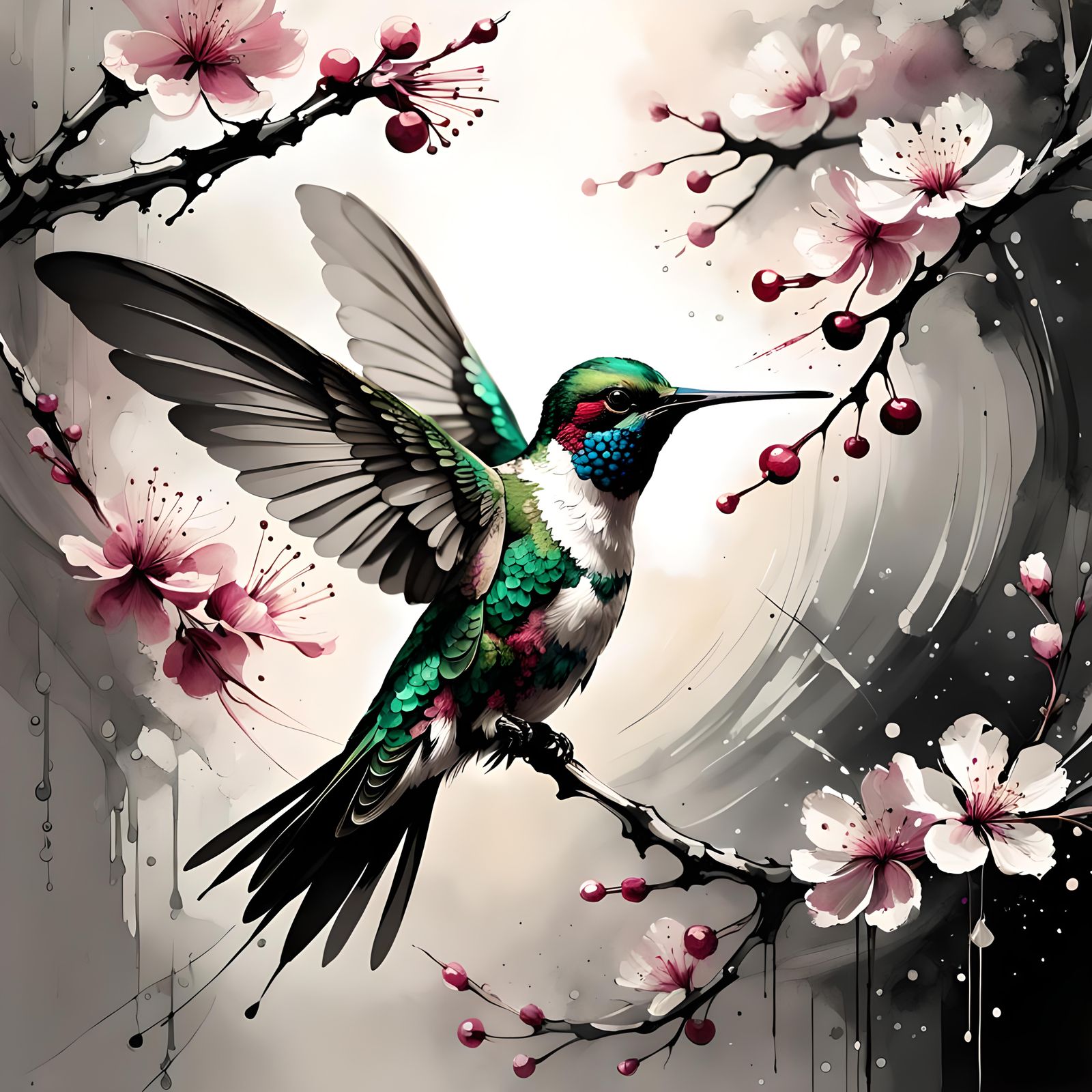 Hummingbird and Cherry Blossoms in Fractal Ink