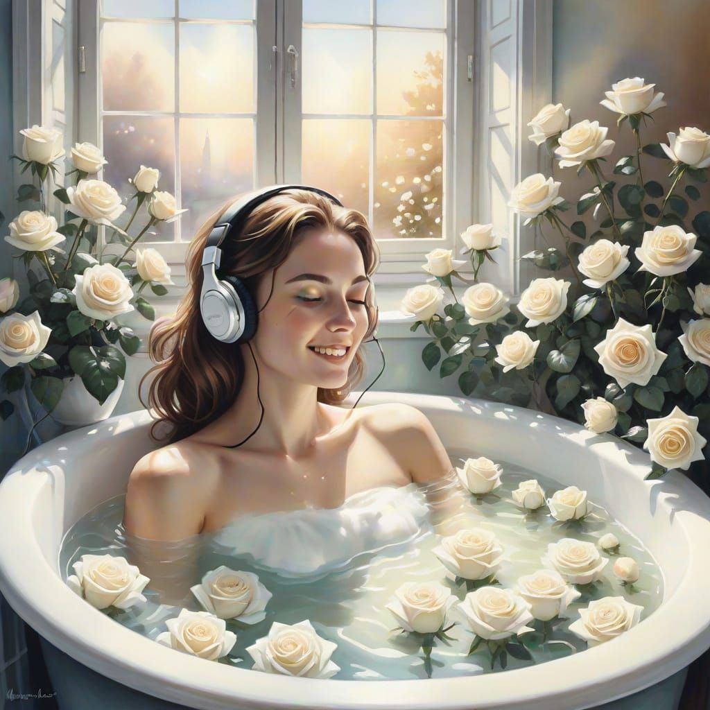 Surreal Watercolor of Woman Relaxing in Rose-Filled Bathtub