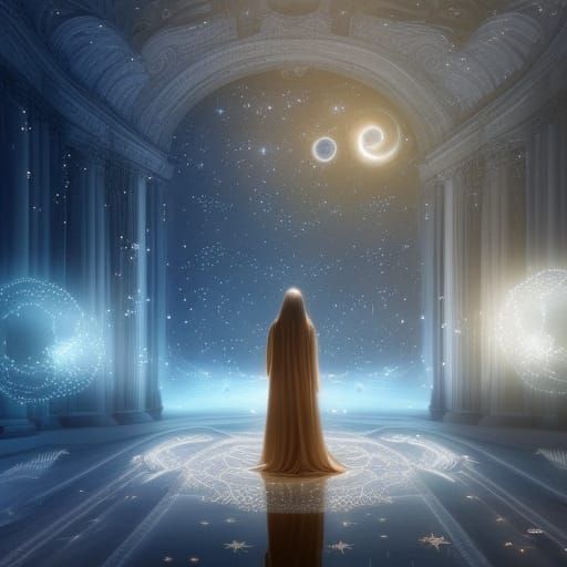 Celestial Angel in Starry White Room: Digital Painting