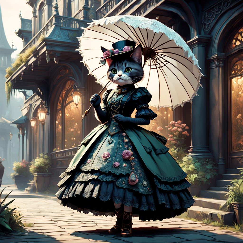 Kawaii Cat in Victorian Finery Strolls Haute Couture City