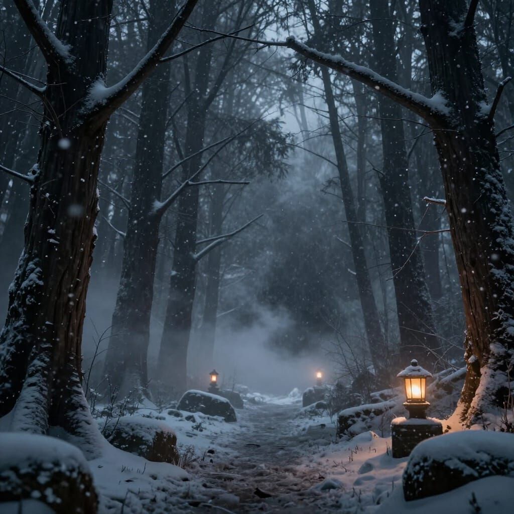 3D Stormy Forest with Lanterns and Snow
