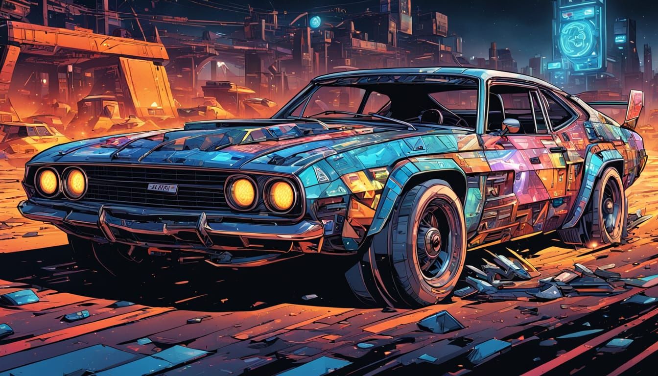 Futuristic Salvaged Car Races Through Neon Wasteland