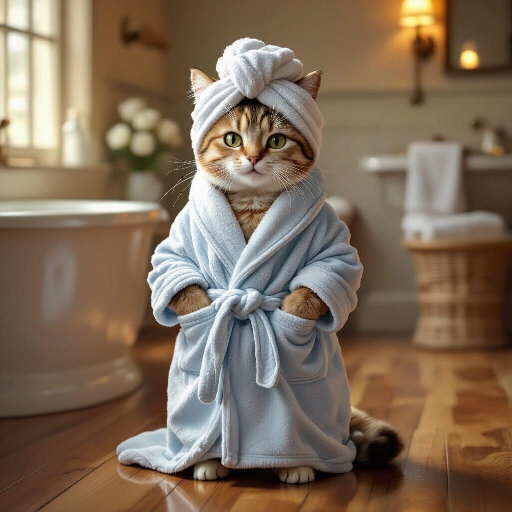 Cat in Robe and Towel in Whimsical Style