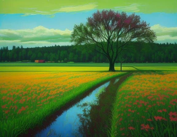 Boy in Field Grunge Oil Painting with Vibrant Colors