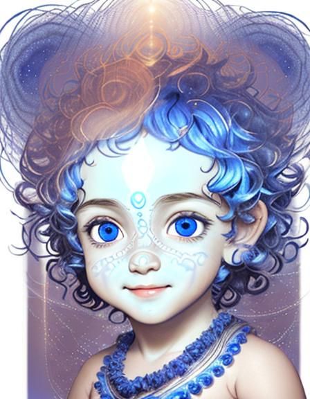 Cute Blue Krishna Chibi Portrait with Zentangle Elements